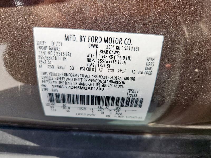 1FMSK7DH5MGA81890 - 2021 FORD EXPLORER XLT BROWN photo 13