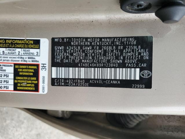 4T4BE46K89R123840 - 2009 TOYOTA CAMRY BASE BEIGE photo 12