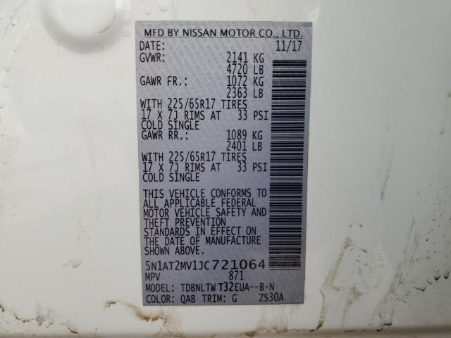 5N1AT2MV1JC721064 - 2018 NISSAN ROGUE S თეთრი ფოტო 12