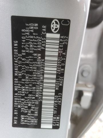 5YFEPMAE3MP193324 - 2021 TOYOTA COROLLA LE SILVER photo 12