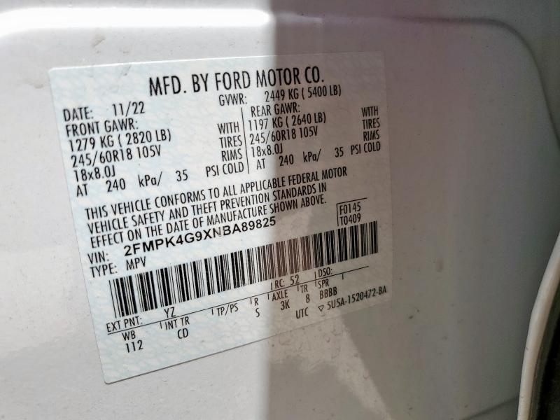 2FMPK4G9XNBA89825 - 2022 FORD EDGE SE WHITE photo 13