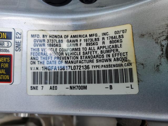 1HGFA15817L072136 - 2007 HONDA CIVIC EX SILVER photo 12