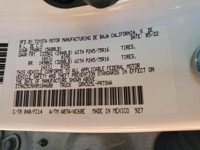3TMAZ5CNXNM184608 - 2022 TOYOTA TACOMA DOUBLE CAB Ақ фото 12
