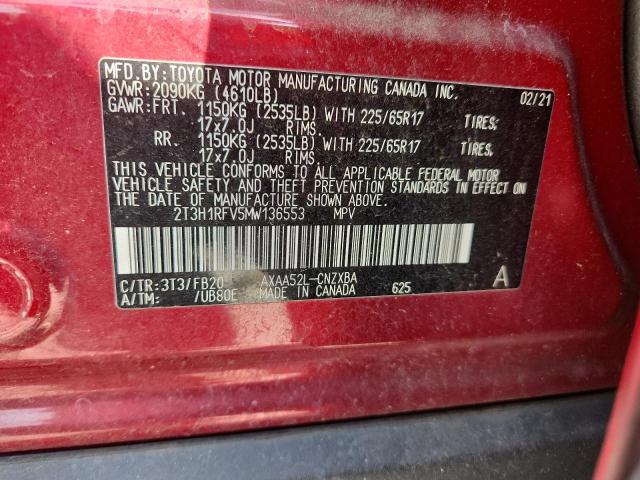 2T3H1RFV5MW136553 - 2021 TOYOTA RAV4 LE RED photo 12