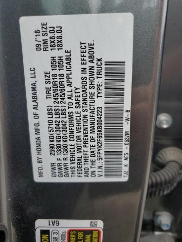 5FPYK2F65KB004223 - 2019 HONDA RIDGELINE RTL GRAY photo 12