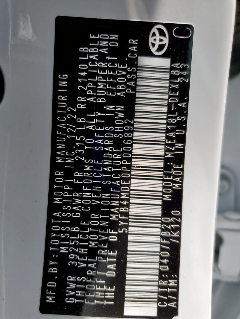 5YFB4MDE0PP006892 - 2023 TOYOTA COROLLA LE WHITE photo 12