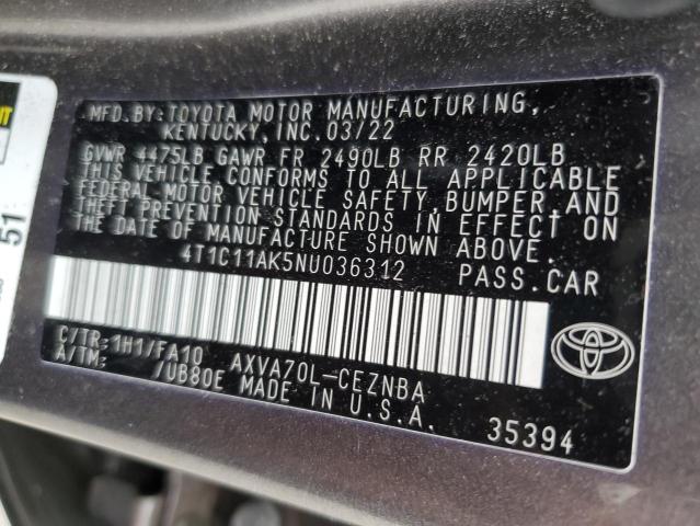 4T1C11AK5NU036312 - 2022 TOYOTA CAMRY LE GRAY photo 12