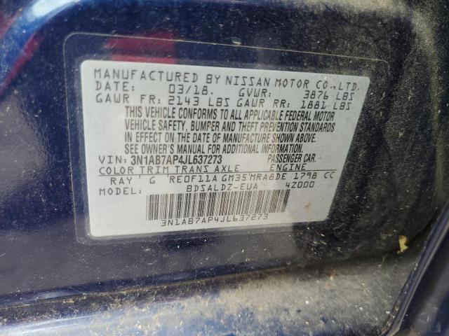 3N1AB7AP4JL637273 - 2018 NISSAN SENTRA S BLUE photo 13