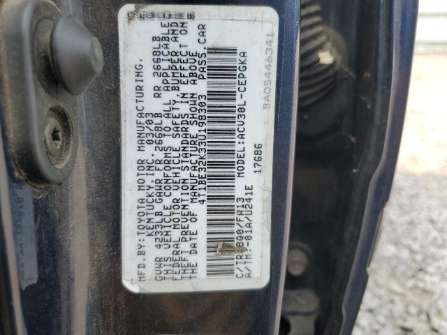 4T1BE32K33U198303 - 2003 TOYOTA CAMRY LE BLUE photo 12