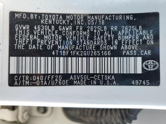 4T1BF1FK2GU265166 - 2016 TOYOTA CAMRY LE WHITE photo 12