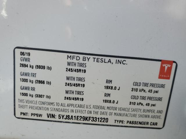 5YJSA1E29KF331220 - 2019 TESLA MODEL S Սպիտակ լուսանկար 13