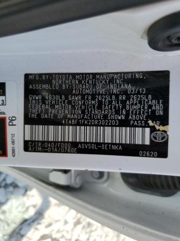 4T4BF1FK2DR302203 - 2013 TOYOTA CAMRY L WHITE photo 12