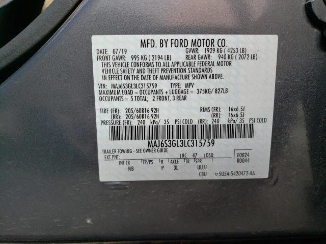 MAJ6S3GL3LC315759 - 2020 FORD ECOSPORT SE GRAY photo 12