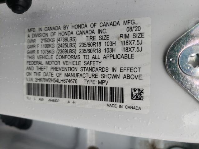 2HKRW2H54LH674676 - 2020 HONDA CR-V EX WHITE photo 12