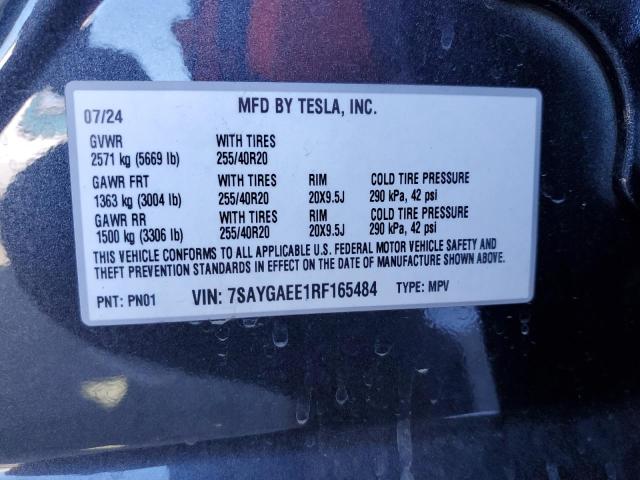 7SAYGAEE1RF165484 - 2024 TESLA MODEL Y CHARCOAL photo 12