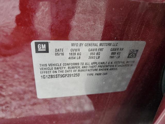 1G1ZB5ST9GF291250 - 2016 CHEVROLET MALIBU LS მუქწითელი ფოტო 12