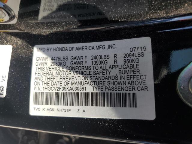 1HGCV2F39KA030561 - 2019 HONDA ACCORD SPORT Czarny zdjęcie 12