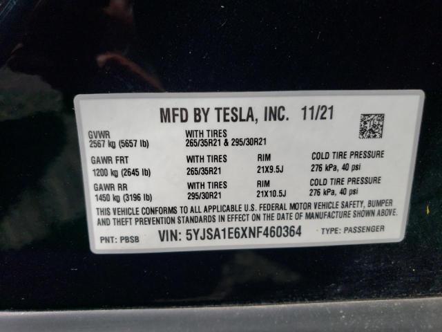 5YJSA1E6XNF460364 - 2022 TESLA MODEL S Qara foto 12