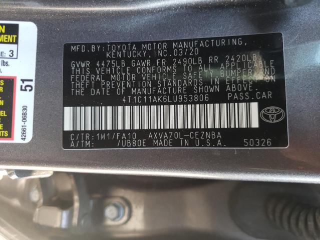4T1C11AK6LU953806 - 2020 TOYOTA CAMRY LE GRAY photo 12