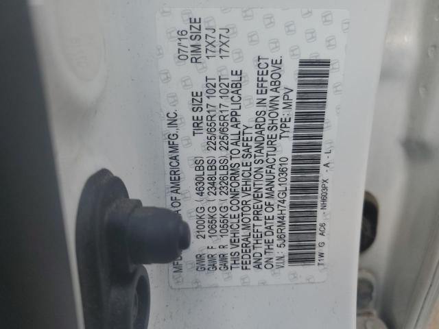 5J6RM4H74GL103610 - 2016 HONDA CR-V EXL Белый фото 12