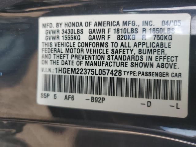1HGEM22375L057428 - 2005 HONDA CIVIC DX VP أسود صورة 12