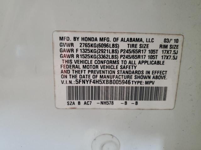 5FNYF4H5XBB005946 - 2011 HONDA PILOT EXL WHITE photo 13