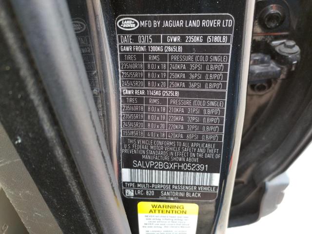 SALVP2BGXFH052391 - 2015 LAND ROVER RANGE ROVE BLACK photo 13