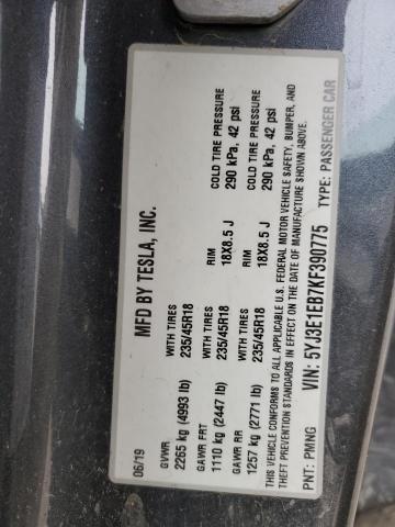 5YJ3E1EB7KF390775 - 2019 TESLA MODEL 3 Graphit Foto 12