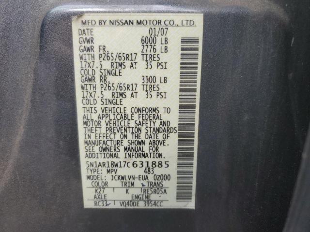 5N1AR18W17C631885 - 2007 NISSAN PATHFINDER LE 银色 照片 13