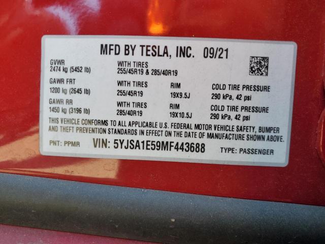 5YJSA1E59MF443688 - 2021 TESLA MODEL S Կարմիր լուսանկար 13