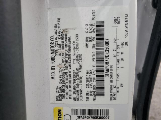 3FA6P0H79GR350007 - 2016 FORD FUSION SE 白色 照片 12