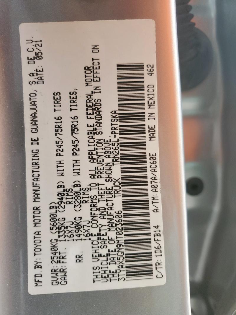 3TYAX5GN9MT023606 - 2021 TOYOTA TACOMA DOUBLE CAB SILVER photo 12