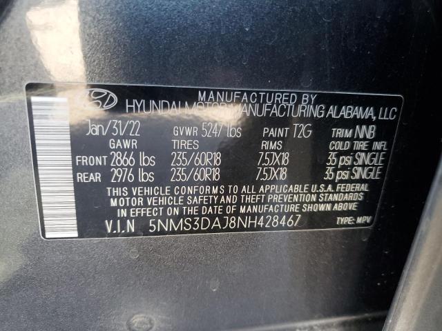 5NMS3DAJ8NH428467 - 2022 HYUNDAI SANTA FE SEL رمادي صورة 12