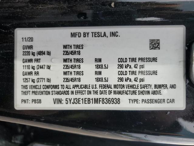 5YJ3E1EB1MF836938 - 2021 TESLA MODEL 3 Qara foto 12