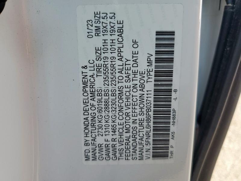 5FNRL6H86PB037111 - 2023 HONDA ODYSSEY TOURING Սպիտակ լուսանկար 12