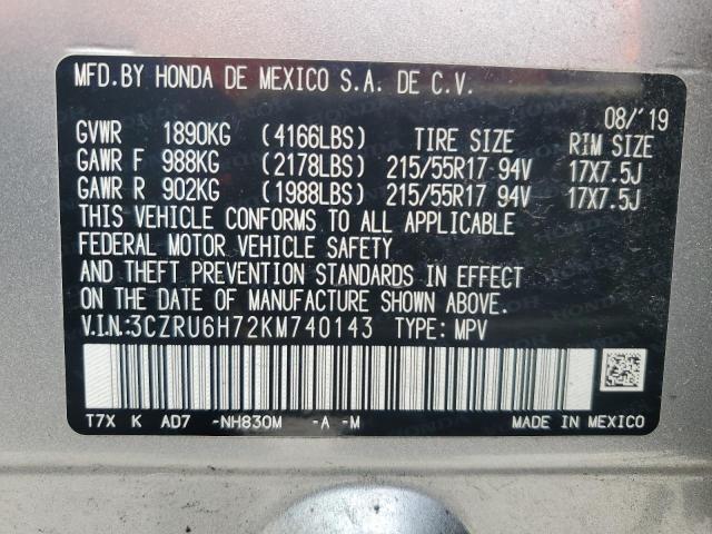 3CZRU6H72KM740143 - 2019 HONDA HR-V EXL SILVER photo 12