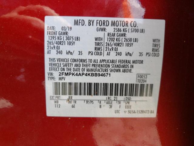 2FMPK4AP4KBB94671 - 2019 FORD EDGE ST RED photo 14