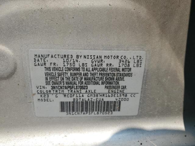 3N1CN7AP5FL870523 - 2015 NISSAN VERSA S SILVER photo 12