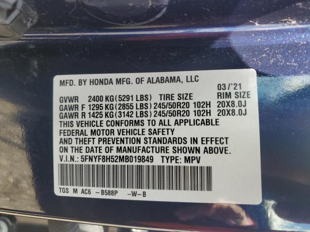 5FNYF8H52MB019849 - 2021 HONDA PASSPORT EXL BLUE photo 14