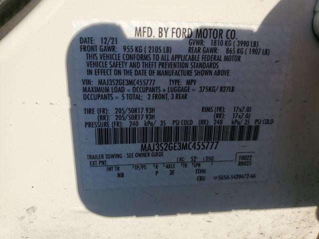 MAJ3S2GE3MC455777 - 2021 FORD ECOSPORT SE WHITE photo 12