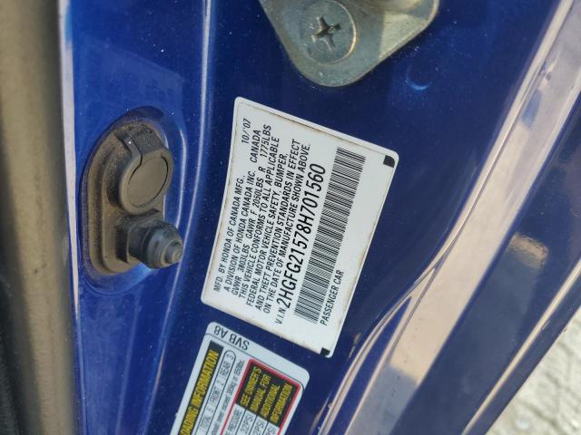 2HGFG21578H701560 - 2008 HONDA CIVIC SI BLUE photo 12