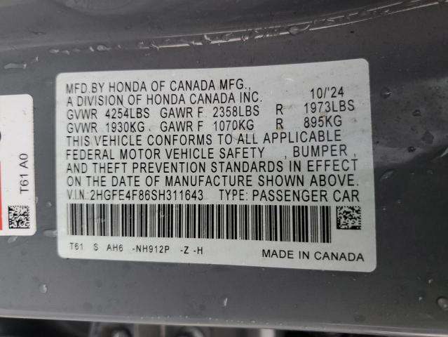 2HGFE4F86SH311643 - 2025 HONDA CIVIC SPORT ნაცრისფერი ფოტო 13