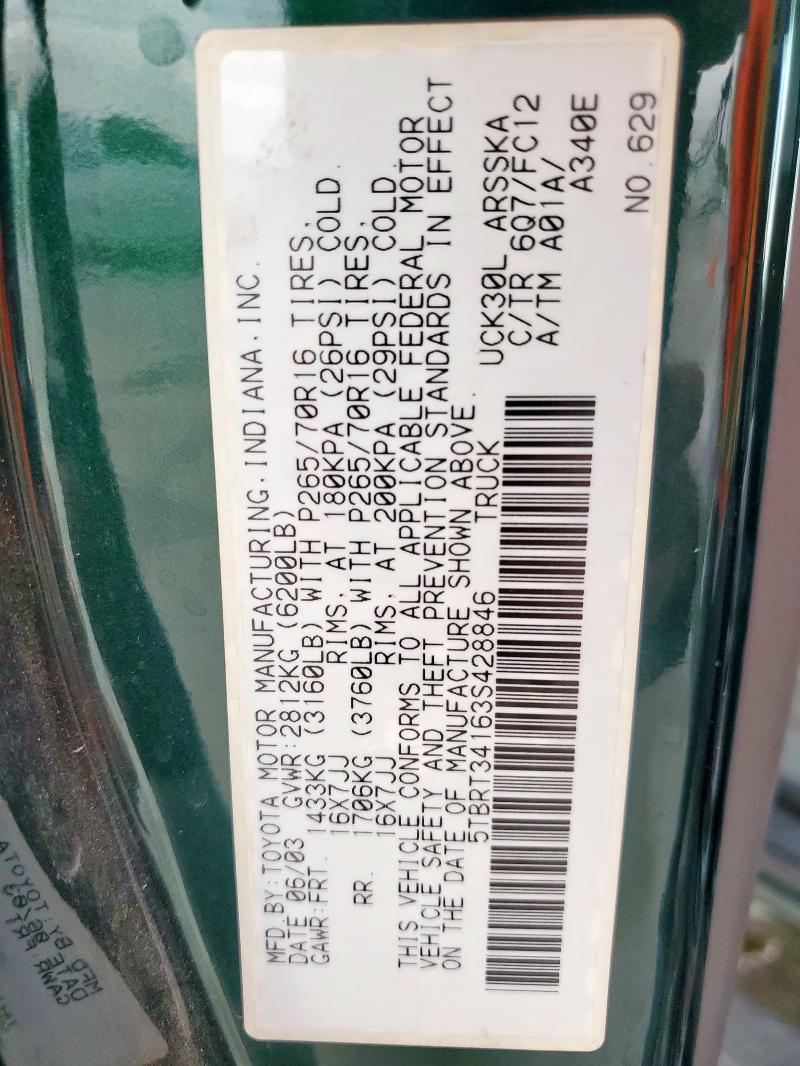 5TBRT34163S428846 - 2003 TOYOTA TUNDRA ACCESS CAB SR5 GREEN photo 13