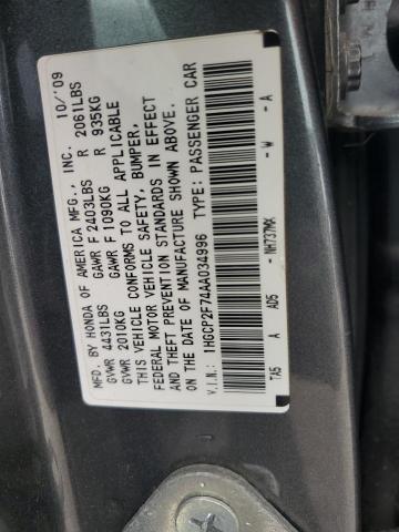 1HGCP2F74AA034996 - 2010 HONDA ACCORD EX GRAY photo 12