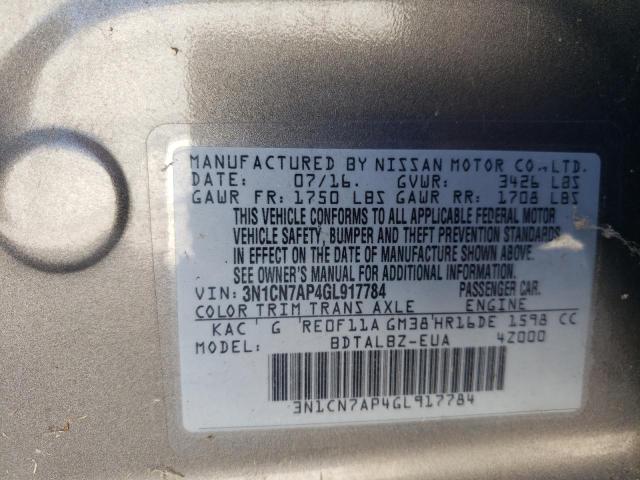 3N1CN7AP4GL917784 - 2016 NISSAN VERSA S GRAY photo 12