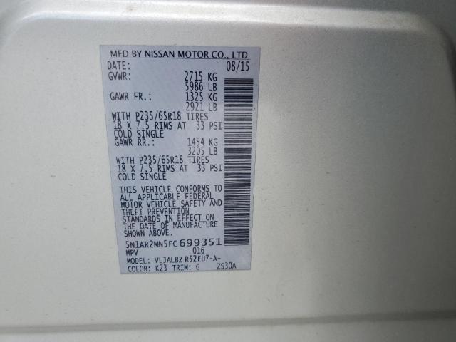 5N1AR2MN5FC699351 - 2015 NISSAN PATHFINDER S 银色 照片 14