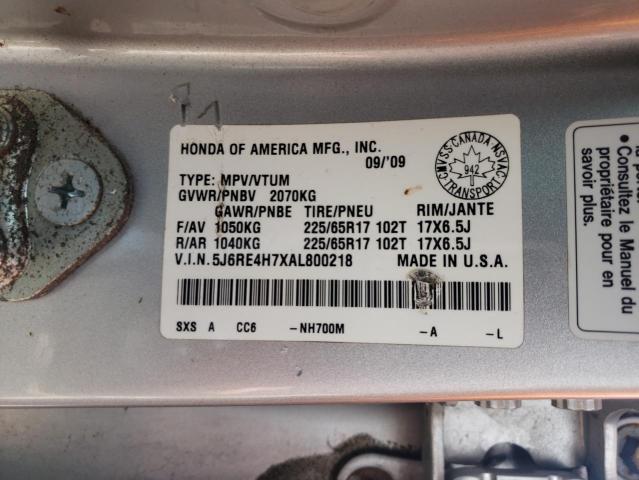 5J6RE4H7XAL800218 - 2010 HONDA CR-V EXL SILVER photo 14