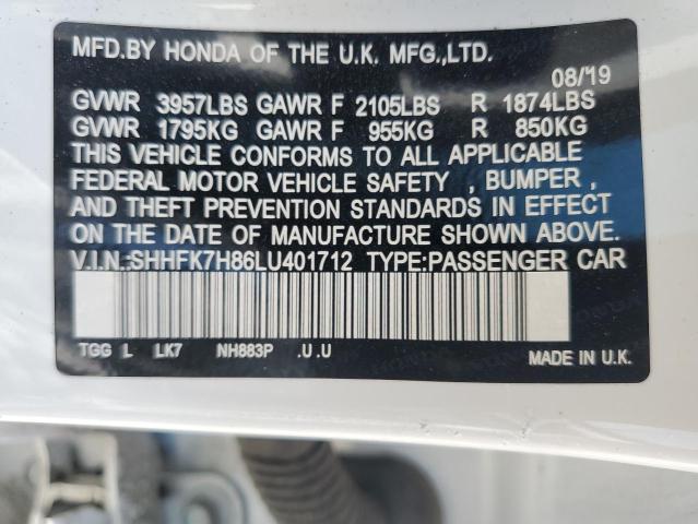 SHHFK7H86LU401712 - 2020 HONDA CIVIC EXL Blanco foto 13