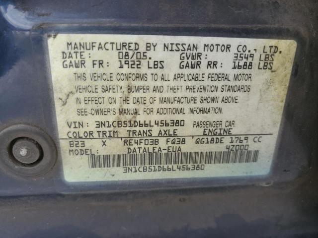 3N1CB51D66L456380 - 2006 NISSAN SENTRA 1.8 BLUE photo 12