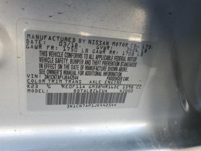 3N1CN7AP1JK442544 - 2018 NISSAN VERSA S 银色 照片 13